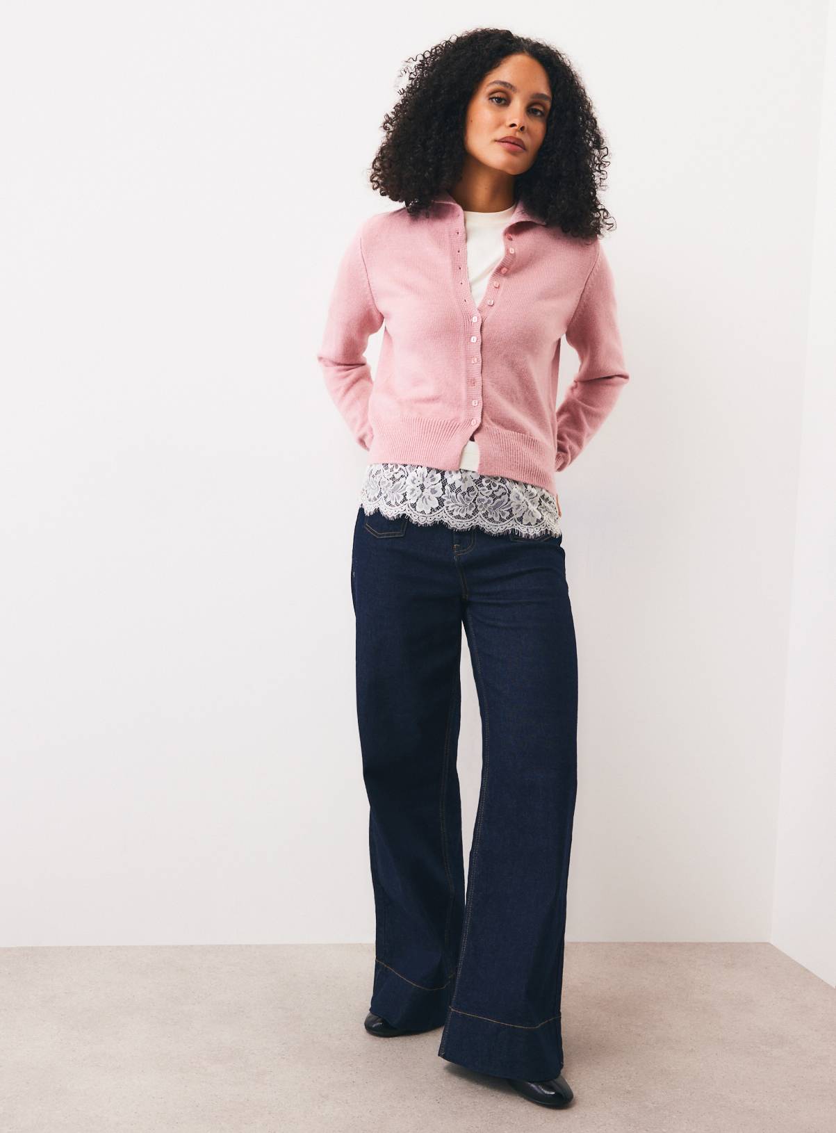 Pale Pink Funnel Neck Knitted Cardigan L - Image 1